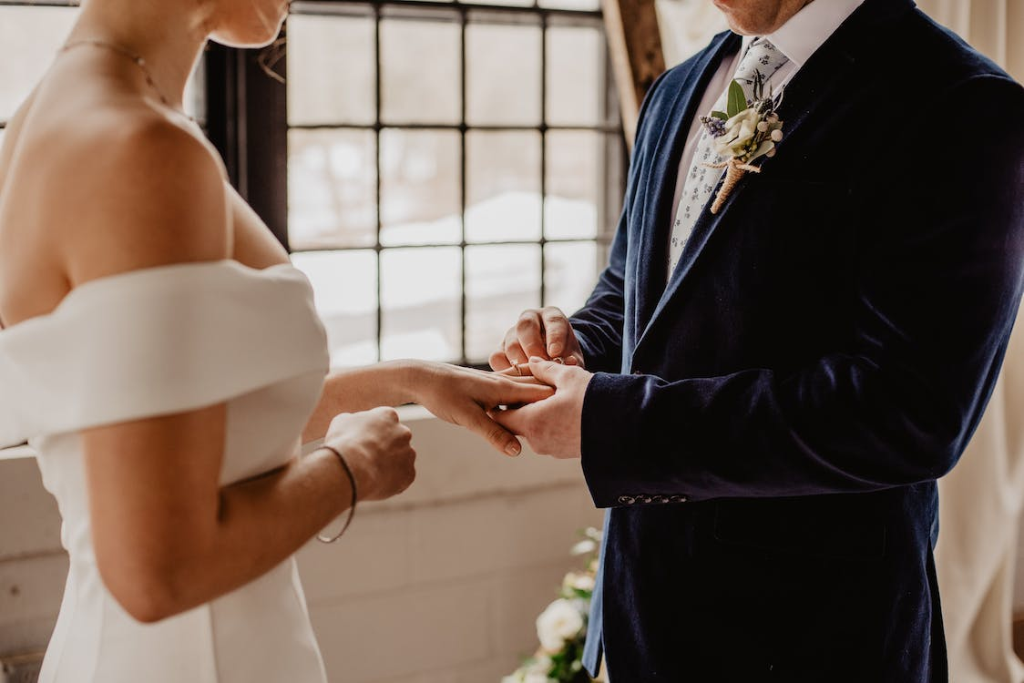  Bride and groom exchanging rings.