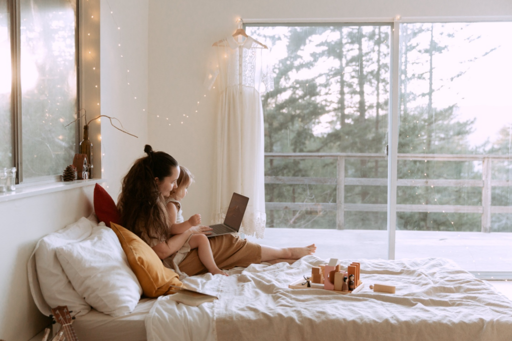 A mother and her daughter on a video call