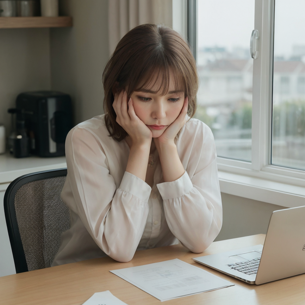 A worried-looking woman reading a document