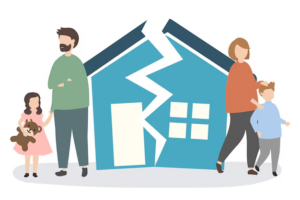Illustration of a man and woman walking separate ways, each with a child, and a broken home in between, representing child custody due to divorce.