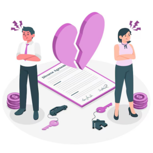 Illustration of a divorced man and woman with a lock on a home, keys, and property division symbols.