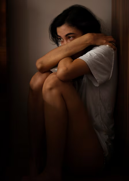 A woman sitting in a corner