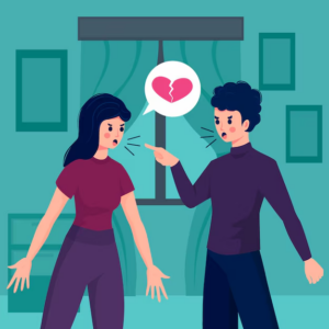 An illustration of a couple arguing, highlighting conflict as a key factor in deciding the type of divorce.