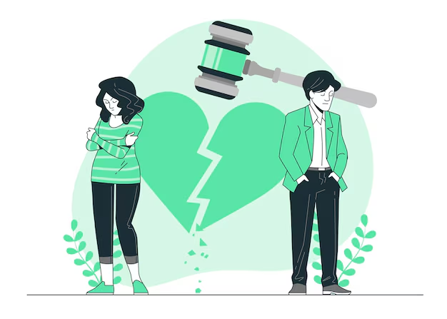 An illustration of a heartbreaking under a judge’s gavel, symbolizing divorce on Valentine’s Day.