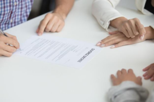 Parents discussing child custody arrangements with a lawyer