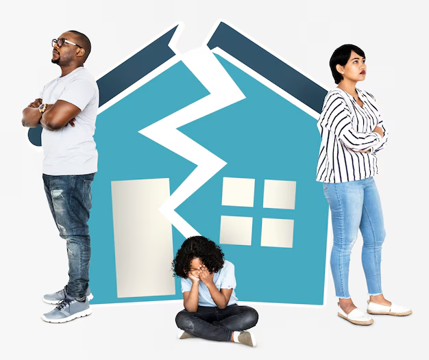 A couple standing on opposite ends with a broken home in between and a child sitting in the middle, symbolizing the challenges of property division in divorce.