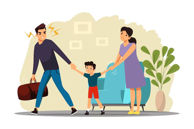 An illustration of a child caught between two separated parents, reflecting the challenges of custody disputes.