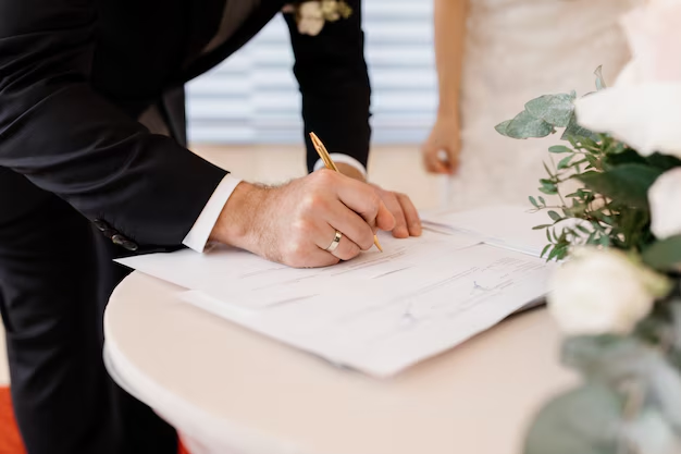 A groom signing his marriage certificate, symbolizing the start of a legally binding commitment.