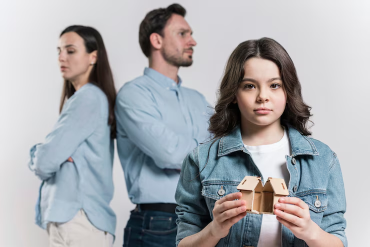 Young girl holding a broken home model with separated parents standing back-to-back behind her