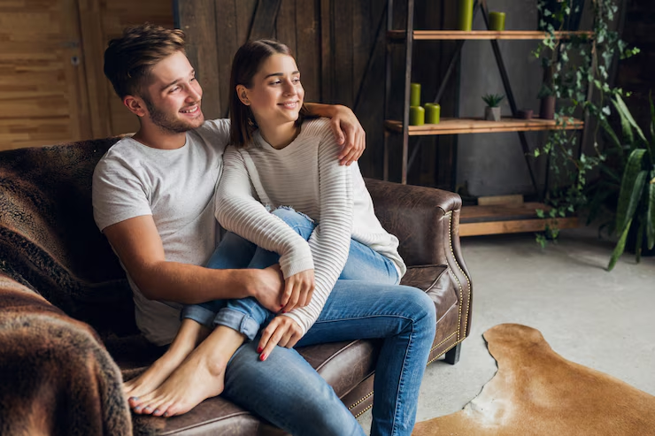 A couple sitting on a sofa