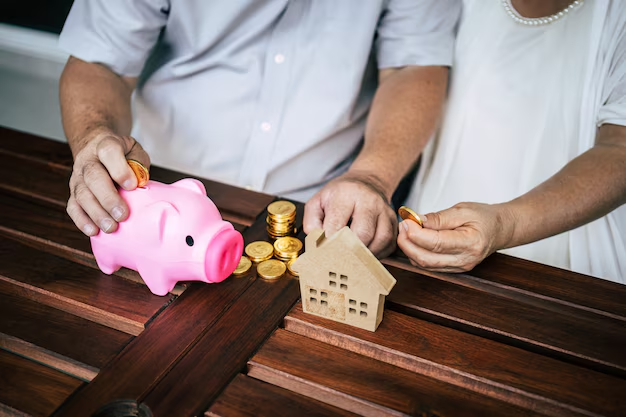 An elderly couple putting coins into a piggy bank