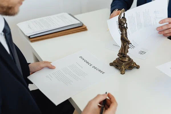 Divorce attorney holding divorce papers while client sits across the desk.