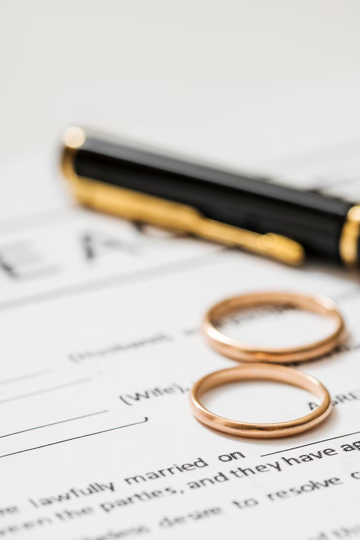 A pen and two rings placed on a form