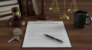 A legal document with a house key, a wooden gavel, and a justice scale
