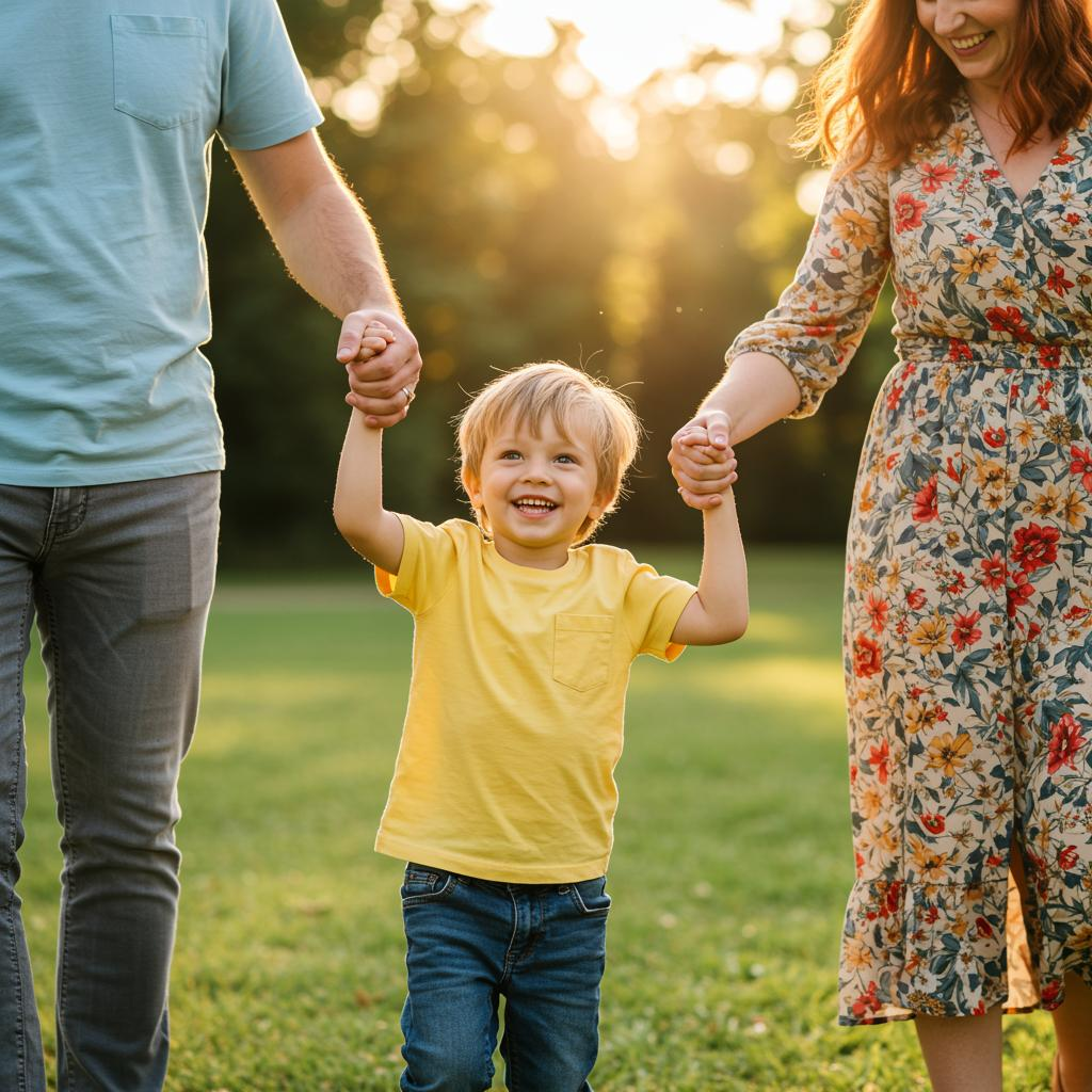 A little boy in a yellow t-shirt holding hands with his parents in a park