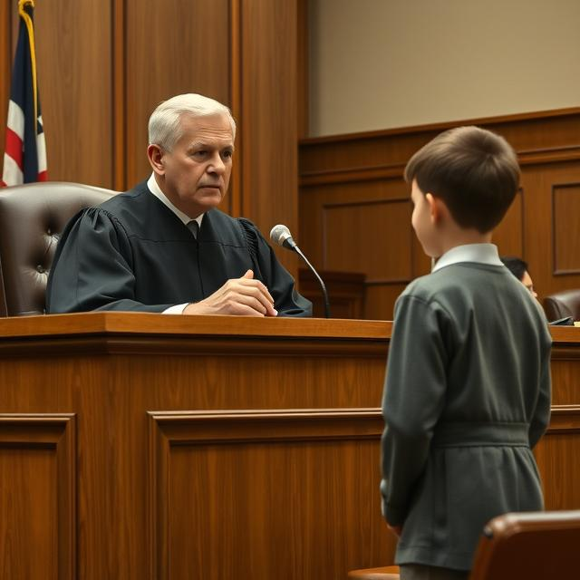 A judge talking to a boy aged 12, in a courtroom