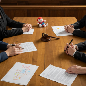 Hands on a wooden table with papers, a child’s drawing, and a stuffed toy
