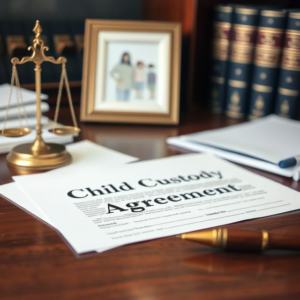 A document labeled with child custody agreement with a justice scale on the desk