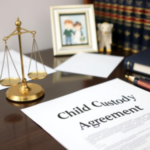 A document labeled with child custody agreement with a justice scale on the desk