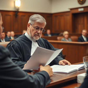A judge examining child custody case in a courtroom