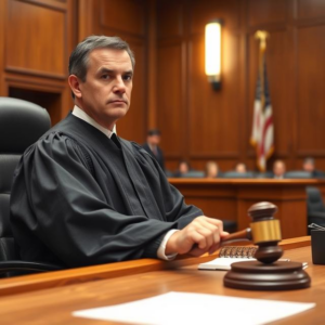 A judge in a courtroom holding a wooden gavel