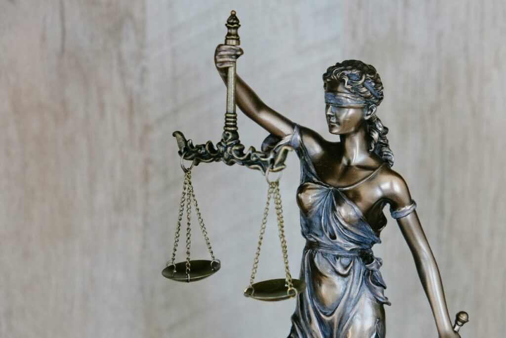 A closeup of the Lady of Justice statue