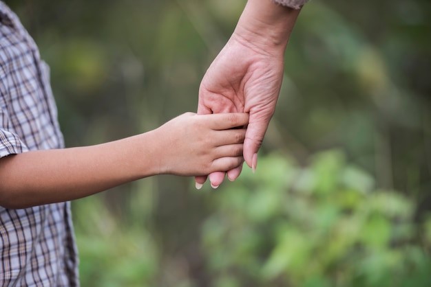 A closeup of a child holding a person’s hand