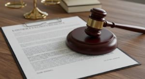  A wooden gavel on top of a legal document