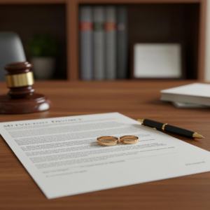 Two wedding rings on a divorce paper with a pen on a desk
