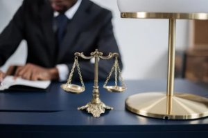 Divorce attorney in Austin working at a desk with a justice scale symbolizing legal asset protection