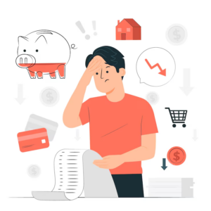 Stressed man reviewing hidden divorce expenses such as taxes, home equity, and credit card debt