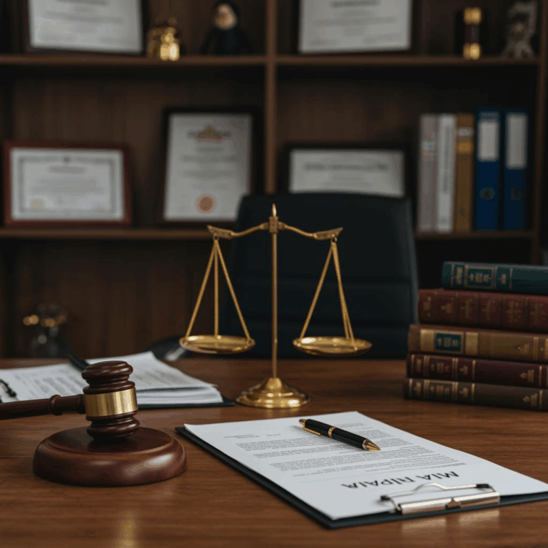 A wooden gavel and justice scale on a desk in a lawyer’s office
