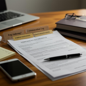 Documents for visitation schedule, etc. with a pen and mobile phone on the desk