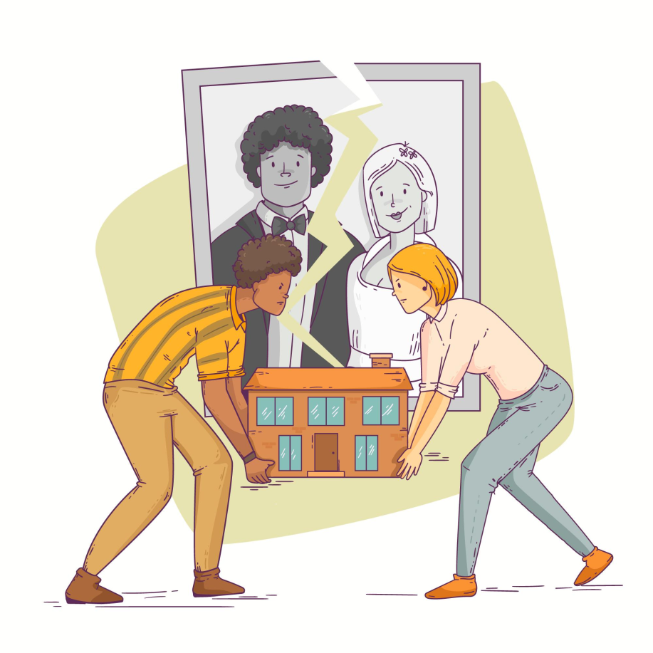 An illustration showing a man and a woman holding a house with a torn picture at the back