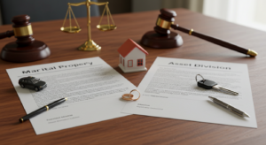 Wedding rings, pen, a miniature house, a miniature car, and a car on marital property and asset division papers with a justice scale and two wooden gavels on the desk 