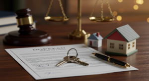 A legal document with a key, a wooden gavel, and two miniature houses