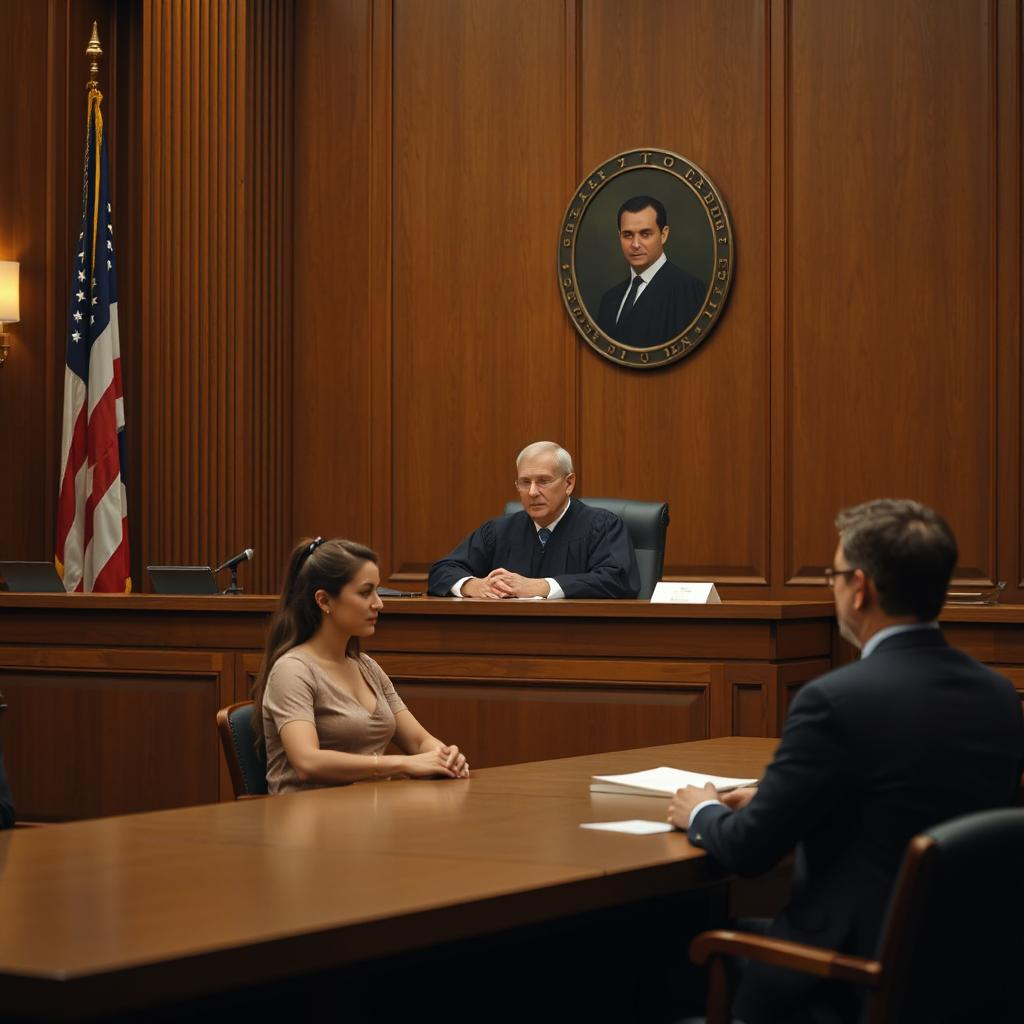 A woman sitting in a courtroom talking to a legal person with a judge sitting at the back