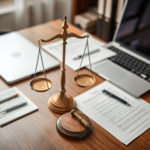 A Justice Scale, documents, and a laptop at a lawyer’s desk 