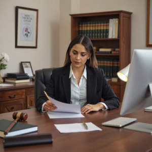 A female uncontested divorce lawyer reading a paper while sitting at her office desk 