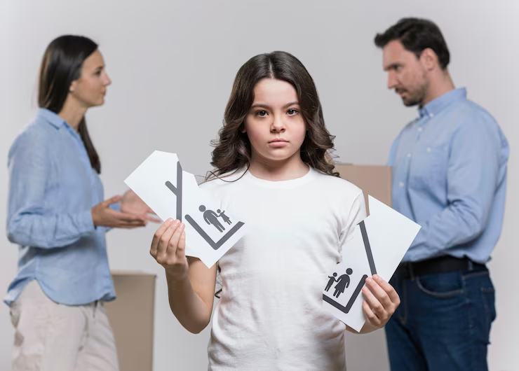 A child alone with a picture of a broken home while parents argue in the background after a divorce