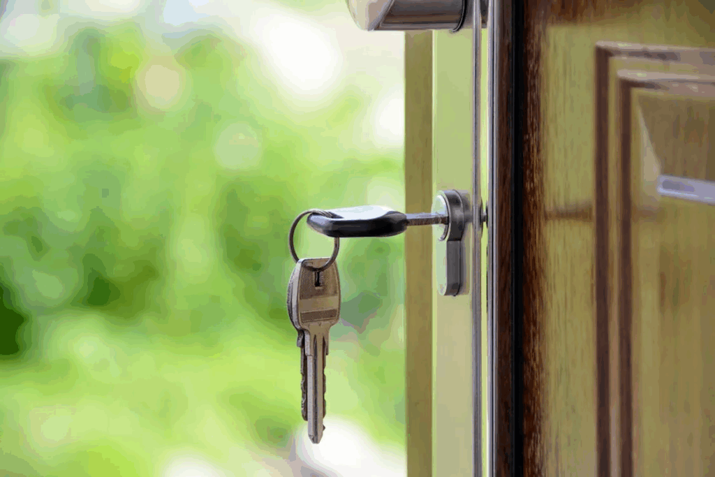 Black-handled key inserted into a door lock, symbolizing homeownership
