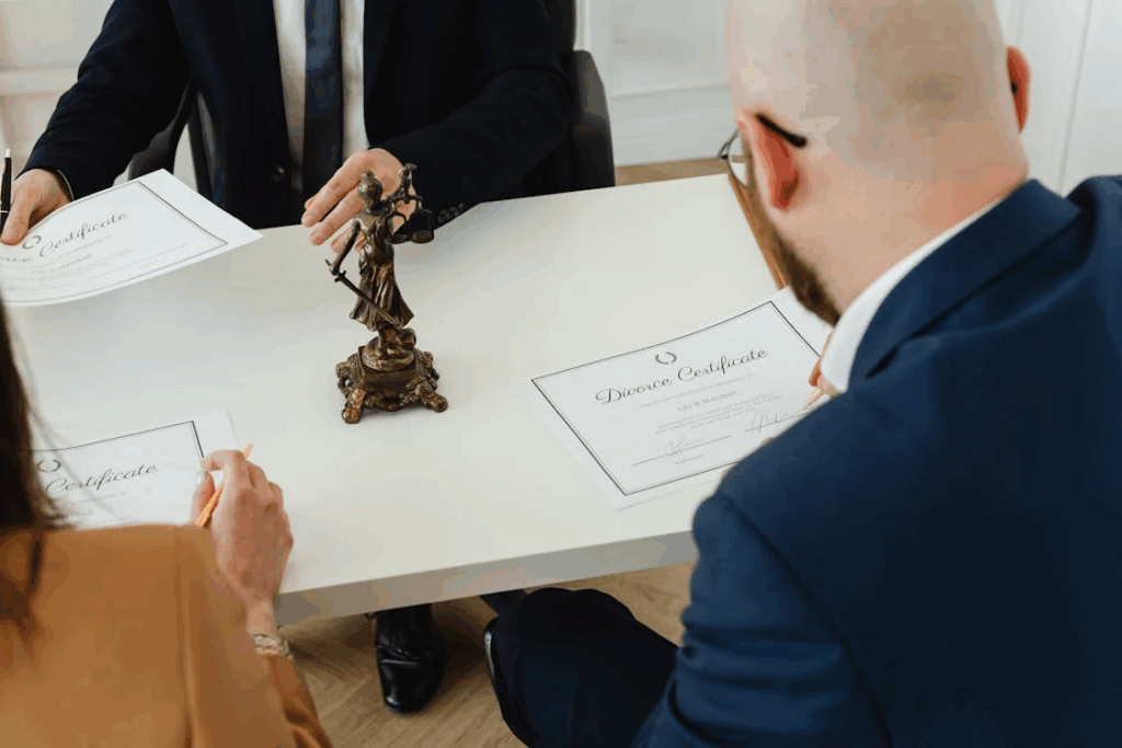 A couple with a divorce certificate at a lawyer’s office