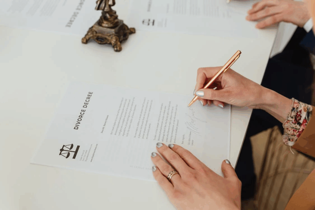 A woman signing a divorce decree