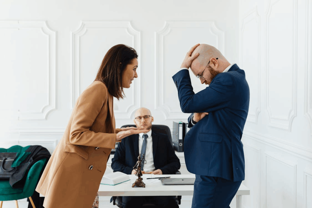 A frustrated couple arguing in front of their divorce lawyer during a delayed legal meeting