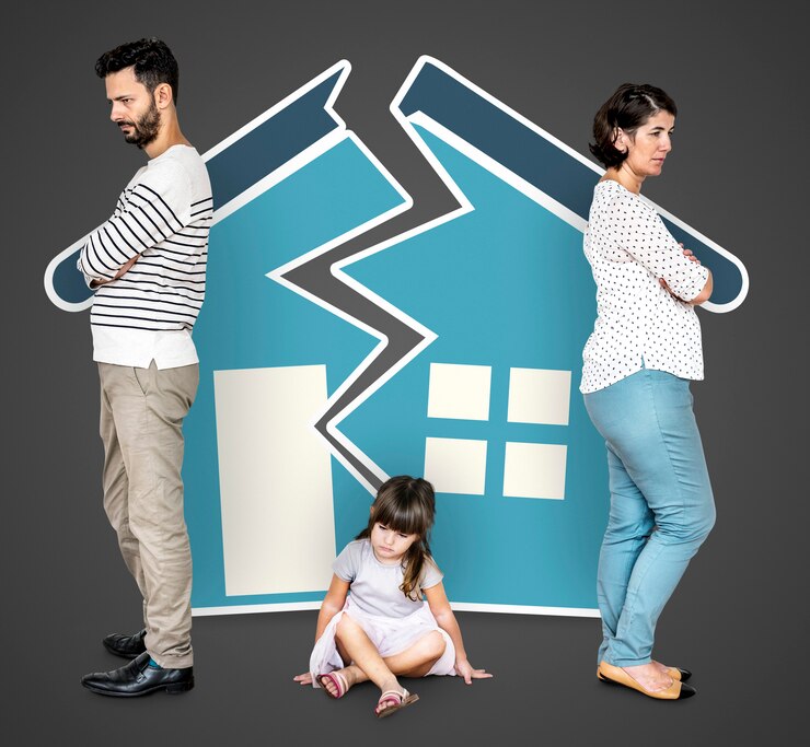 A young girl in front of a broken home with separated parents on either side, symbolizing divorce and custody struggles
