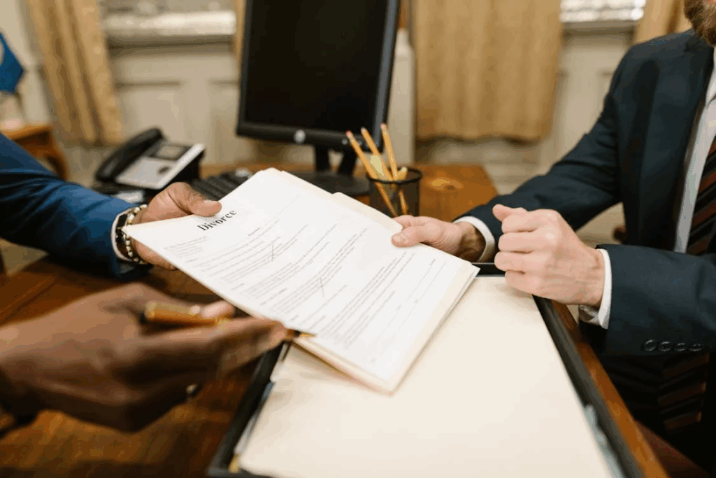 Close-up shot of hands holding printed divorce papers.