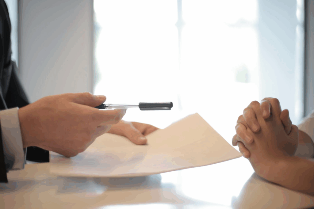 A lawyer handing over a document to a client