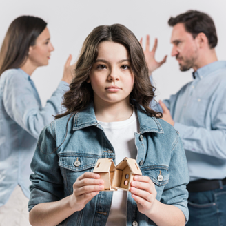 Child holding a model of a broken home while parents argue in the background