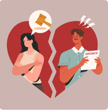 Illustration of divorcing parents with a broken heart and a gavel symbolizing divorce proceeding in San Antonio.