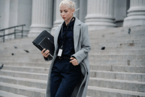 Lawyer walking down the stairs at the courthouse